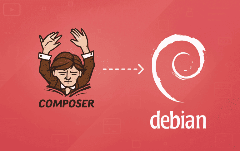 Composer PHP dependency manager logo with arrow pointing to Debian logo on red background