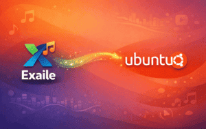 Exaile music player logo with Ubuntu logo on a purple and orange gradient background with music notes
