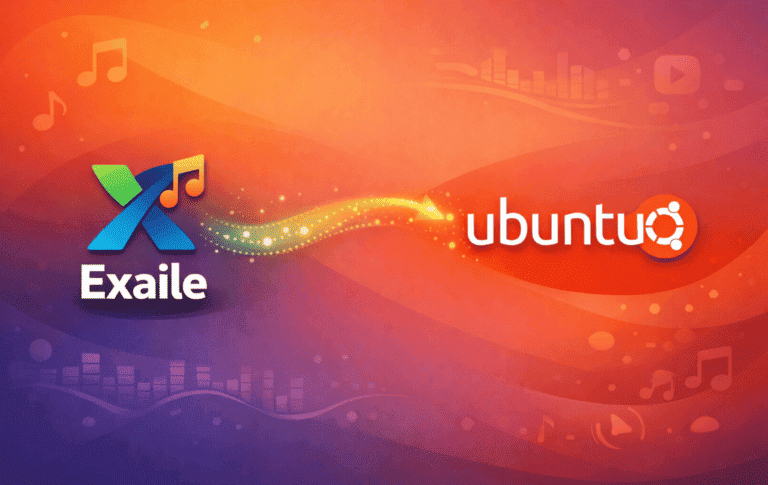 Exaile music player logo with Ubuntu logo on a purple and orange gradient background with music notes