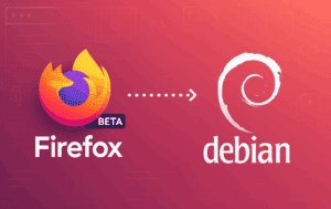 Firefox Beta logo with arrow pointing to Debian spiral logo on red gradient background