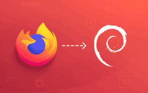 Firefox logo with arrow pointing to Debian swirl icon on red gradient background showing browser migration