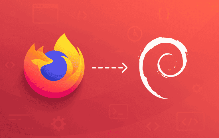 Firefox logo with arrow pointing to Debian swirl icon on red gradient background showing browser migration