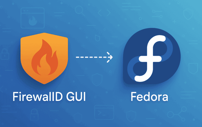 Firewalld GUI icon with flame shield connected to Fedora logo on blue background