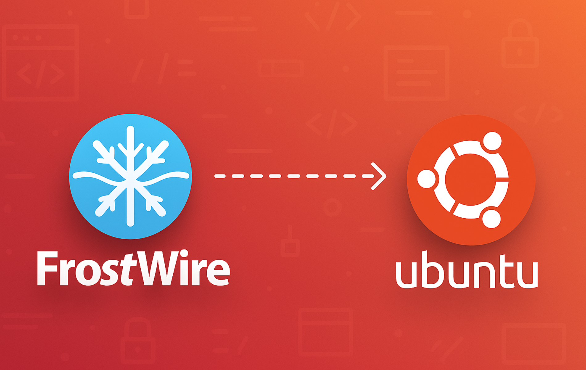 FrostWire snowflake logo connected to Ubuntu logo with dashed arrow on orange gradient background
