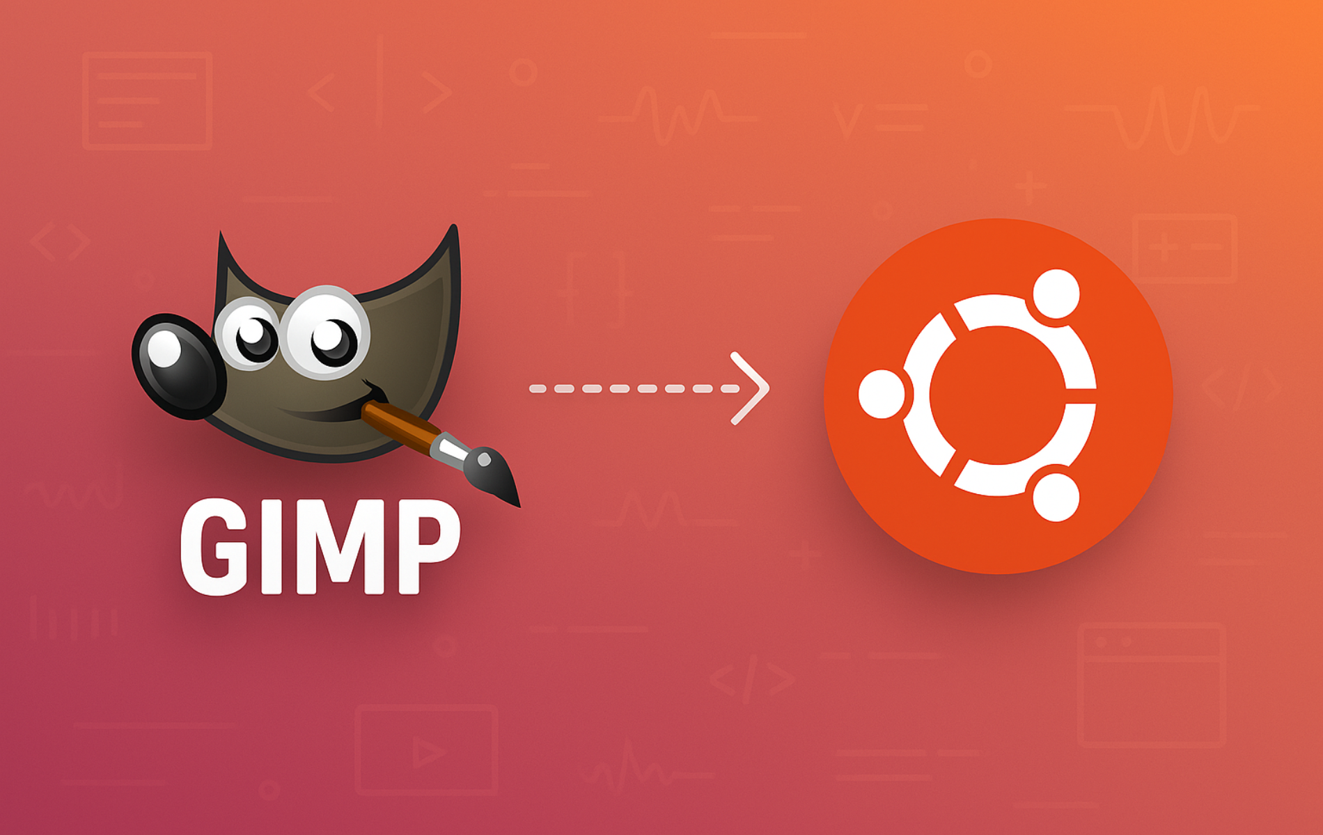 GIMP mascot Wilber with paintbrush pointing toward Ubuntu logo on gradient background