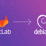 GitLab Community Edition logo with arrow pointing to Debian swirl logo on purple gradient background