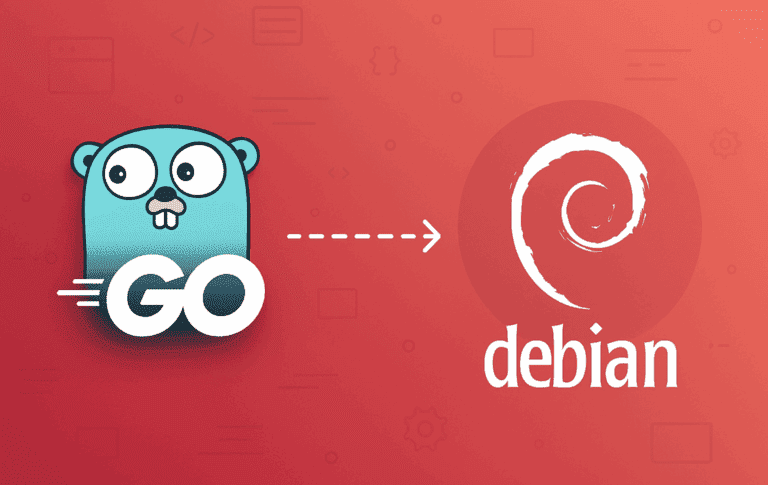 Go programming language gopher mascot with arrow pointing to Debian swirl logo on red gradient background