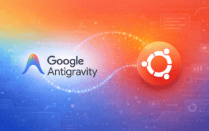 Google Antigravity logo with Ubuntu logo on colorful gradient background with AI development icons