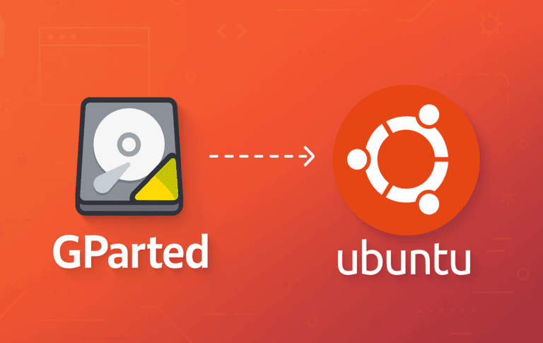 GParted partition editor icon with arrow pointing to Ubuntu logo on orange gradient background