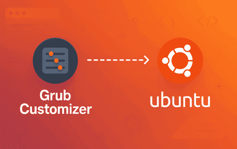 Grub Customizer application logo with Ubuntu branding showing bootloader configuration interface and customization options