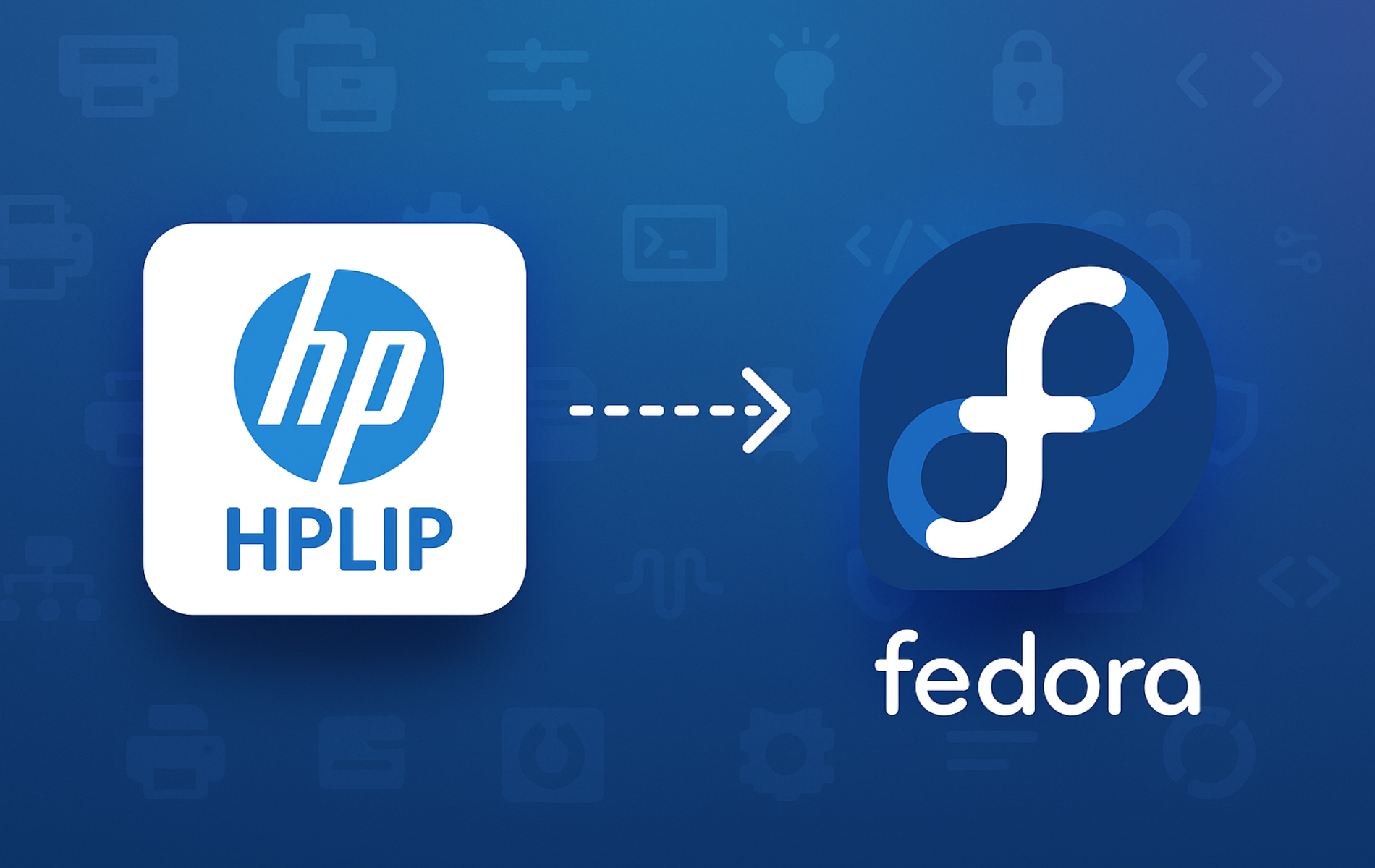 HPLIP logo with HP branding connected by arrow to Fedora logo on blue background