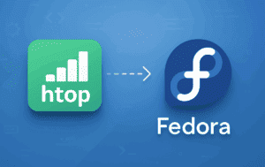 Htop process viewer icon with bar chart connected by arrow to Fedora logo on blue background