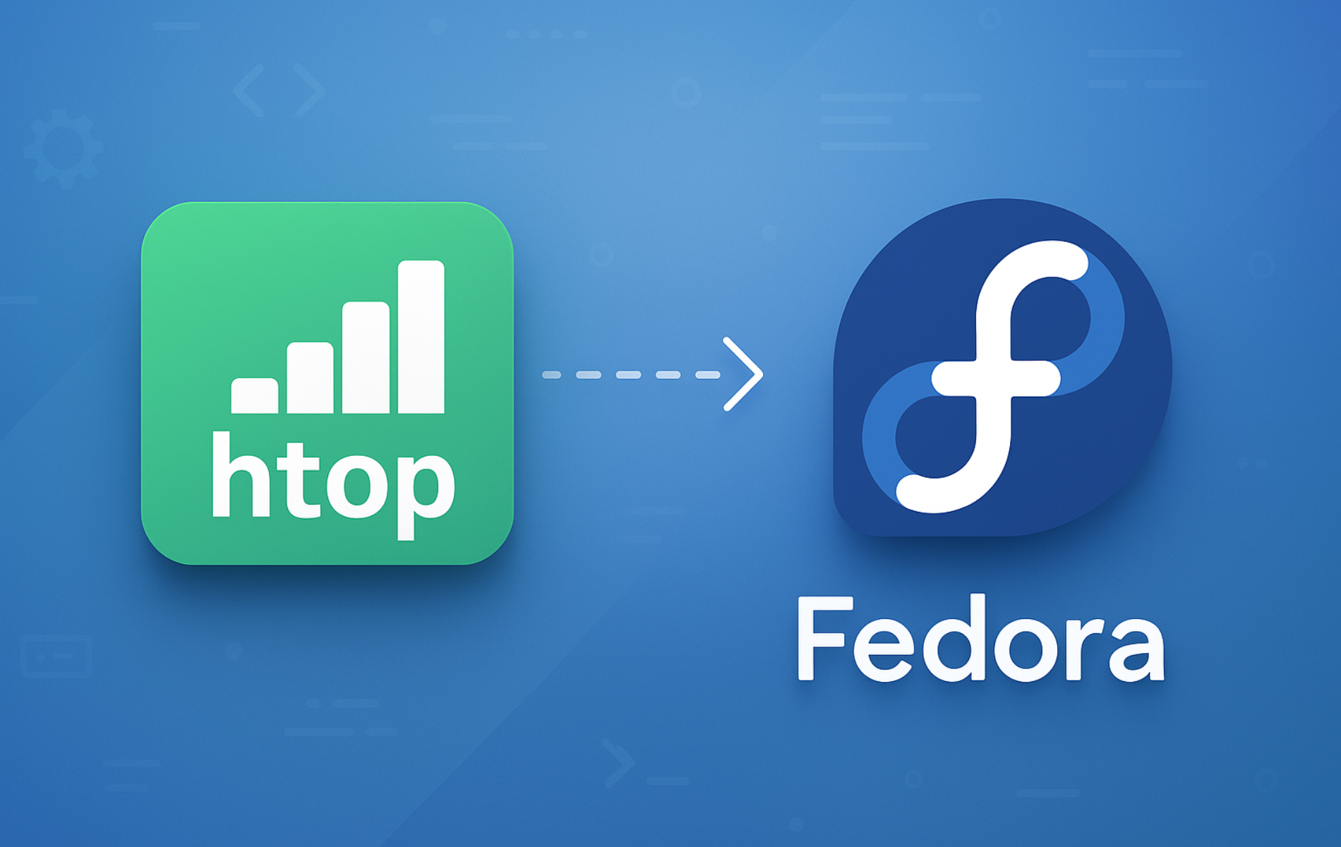 Htop process viewer icon with bar chart connected by arrow to Fedora logo on blue background