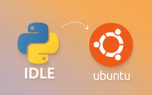 Python IDLE logo with installation arrow pointing to Ubuntu logo on gradient orange background