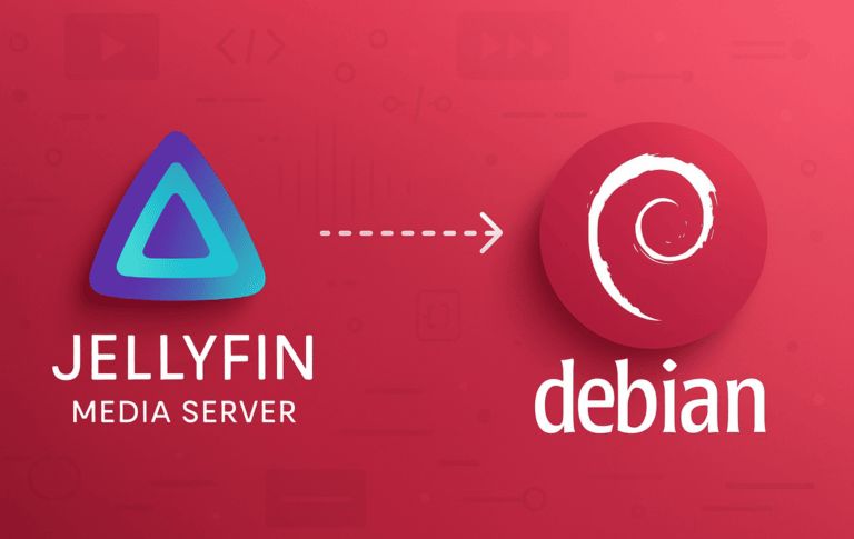 Jellyfin Media Server logo with arrow pointing to Debian logo on coral background