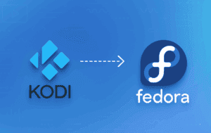 Kodi media center logo with arrow pointing to Fedora Linux logo on blue gradient background