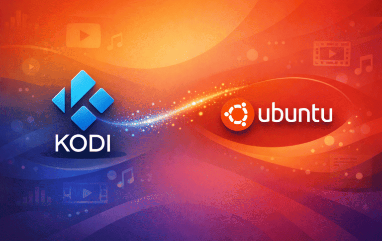 Kodi and Ubuntu logos on a multimedia-themed background with music and video icons