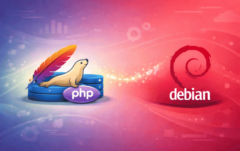 Apache feather, MariaDB seal, and PHP logo representing LAMP stack components alongside Debian spiral