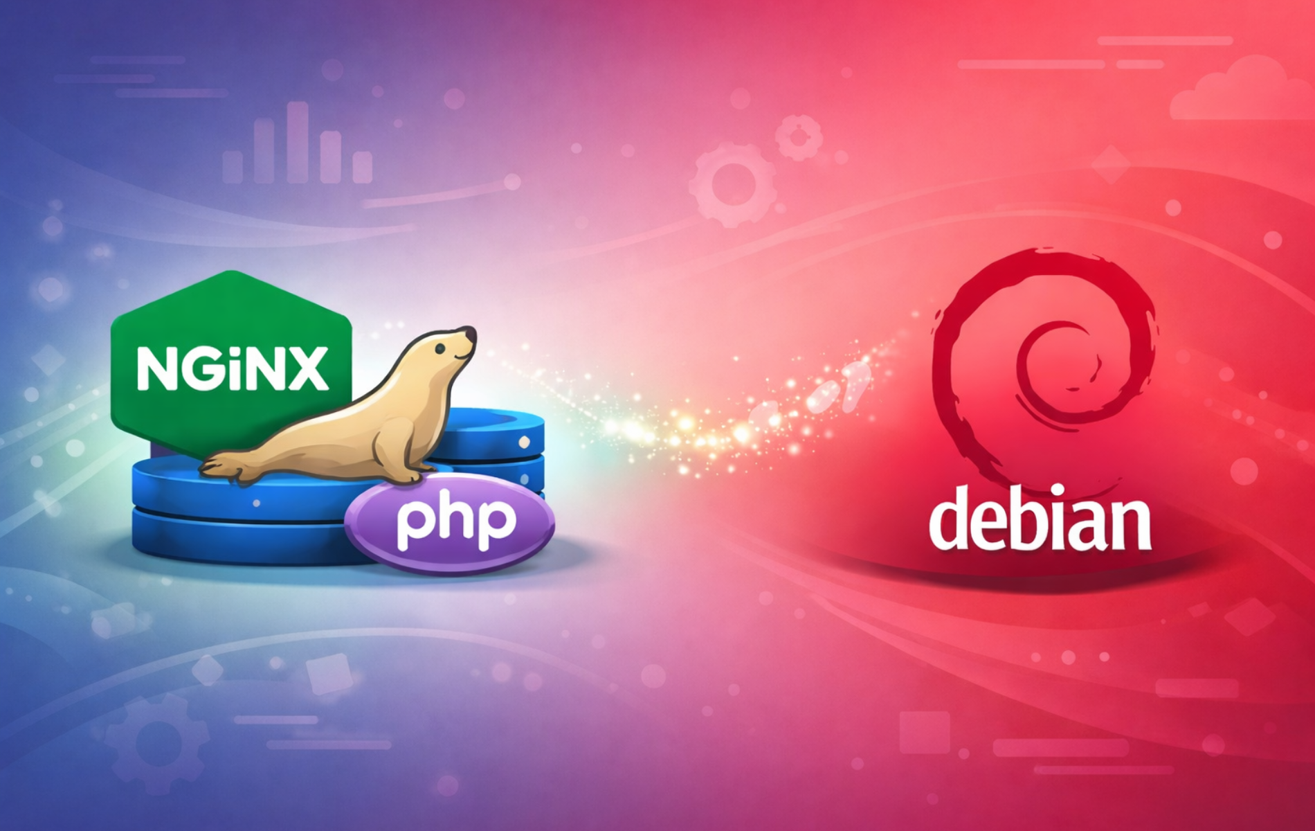 Nginx, MariaDB, and PHP logos alongside the Debian swirl representing the LEMP stack components