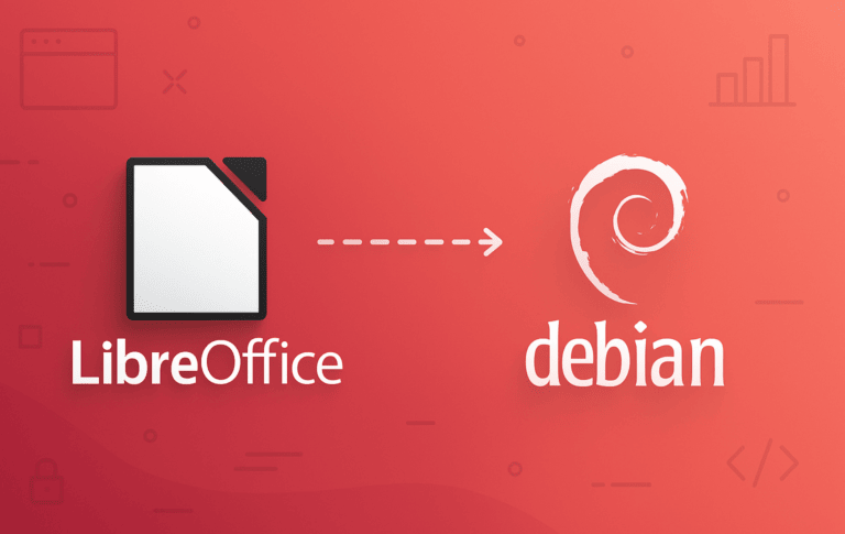 LibreOffice document icon with arrow pointing to Debian logo on coral background