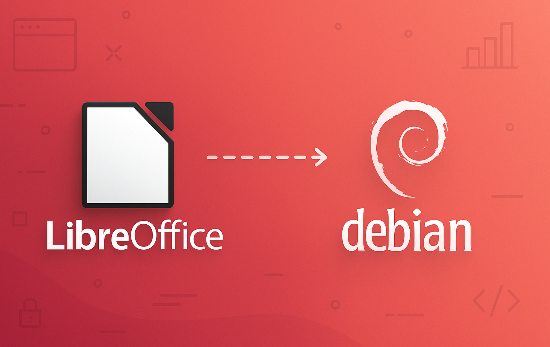 LibreOffice document icon with arrow pointing to Debian logo on coral background