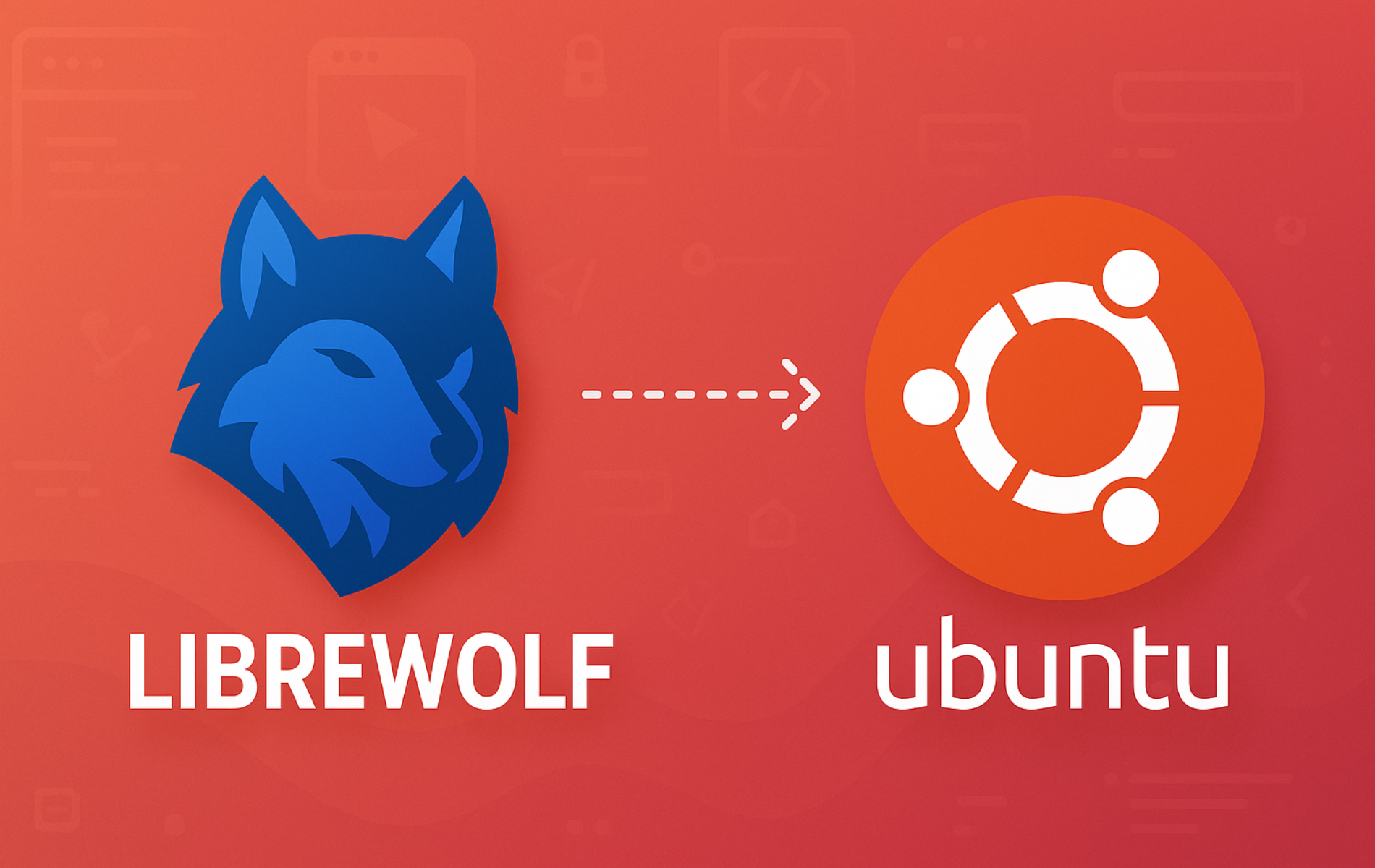 LibreWolf wolf logo connected to Ubuntu logo with arrow on orange background