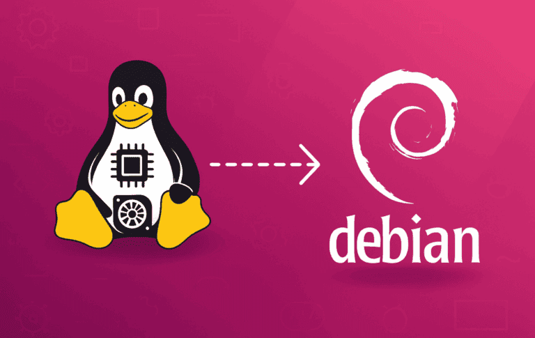 Linux kernel installation process on Debian showing Tux penguin with hardware components and Debian logo