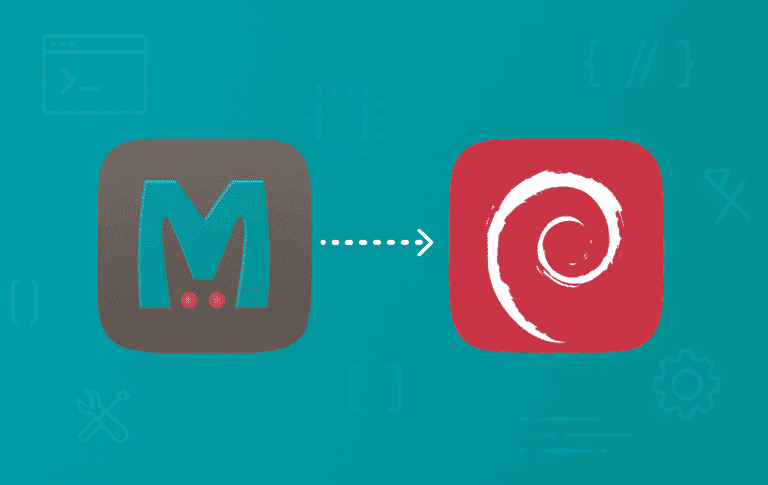 Memcached logo transitioning to Debian logo showing installation migration from memory cache to Linux distribution setup