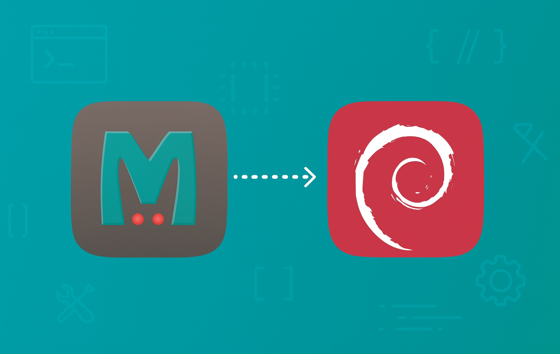 Memcached logo transitioning to Debian logo showing installation migration from memory cache to Linux distribution setup