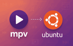 mpv media player icon with arrow pointing to Ubuntu logo on purple-orange gradient background