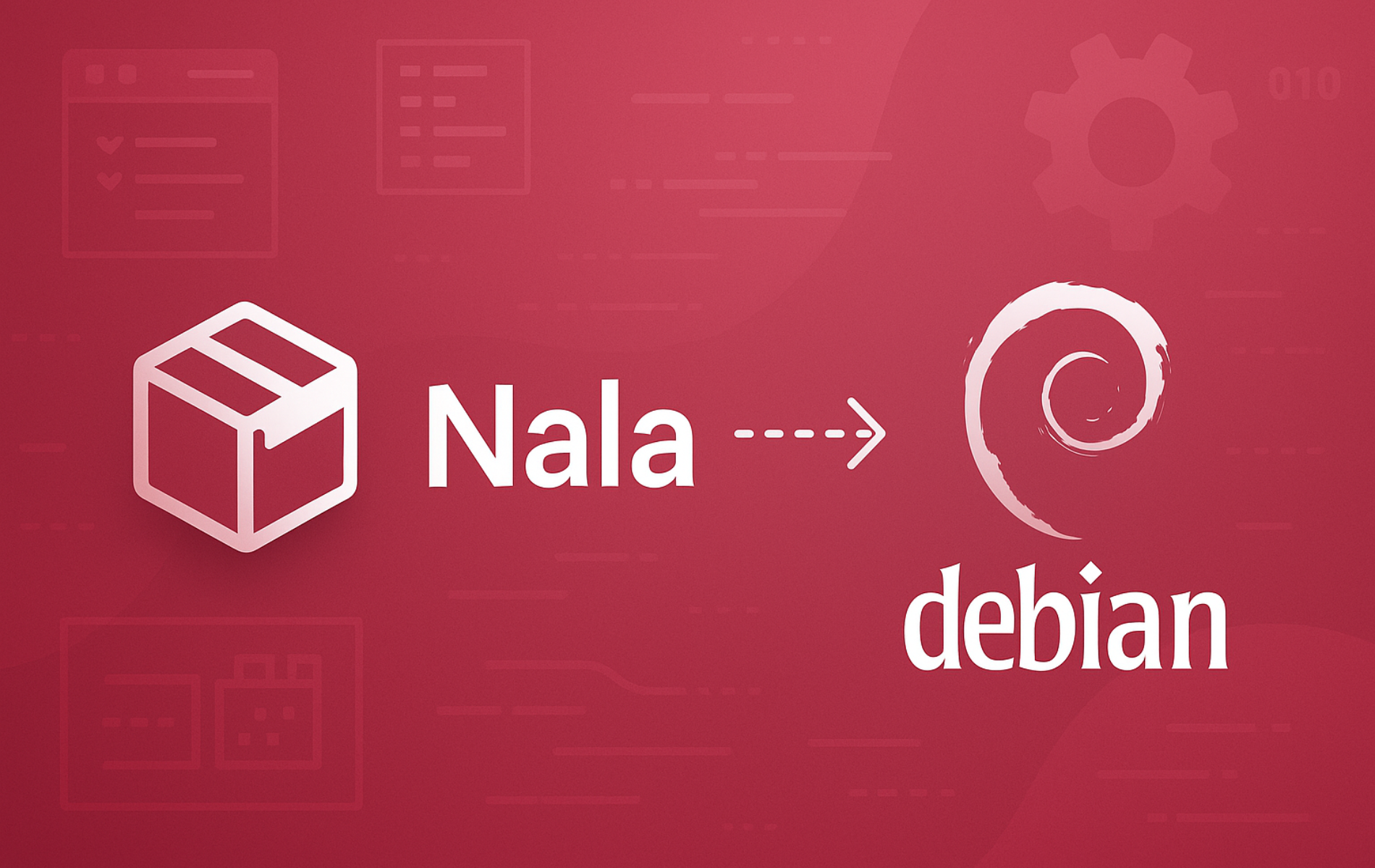 Nala package manager logo with arrow pointing to Debian logo on red background with terminal interface elements
