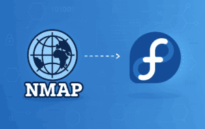 Nmap network scanner logo with arrow pointing to Fedora Linux logo on blue background