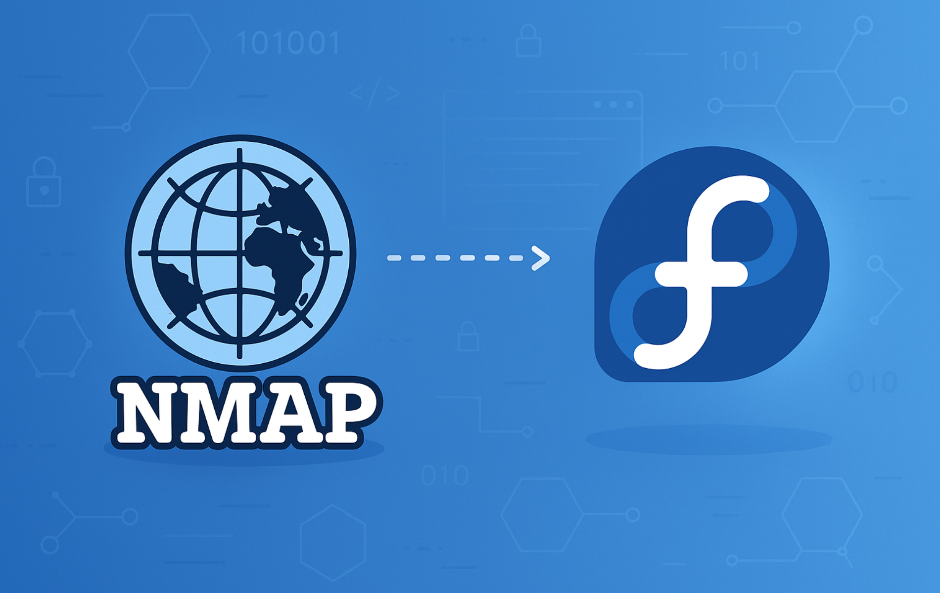 Nmap network scanner logo with arrow pointing to Fedora Linux logo on blue background