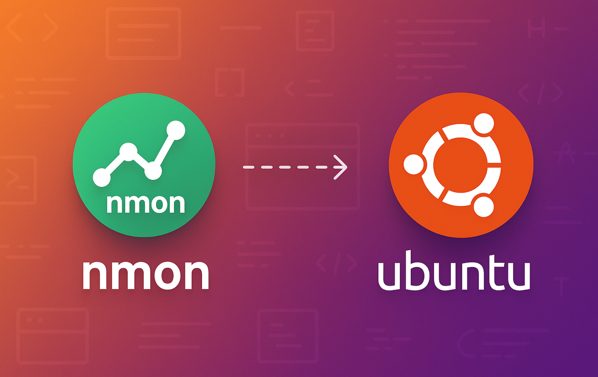 nmon system monitoring tool logo with arrow pointing to Ubuntu logo on gradient background