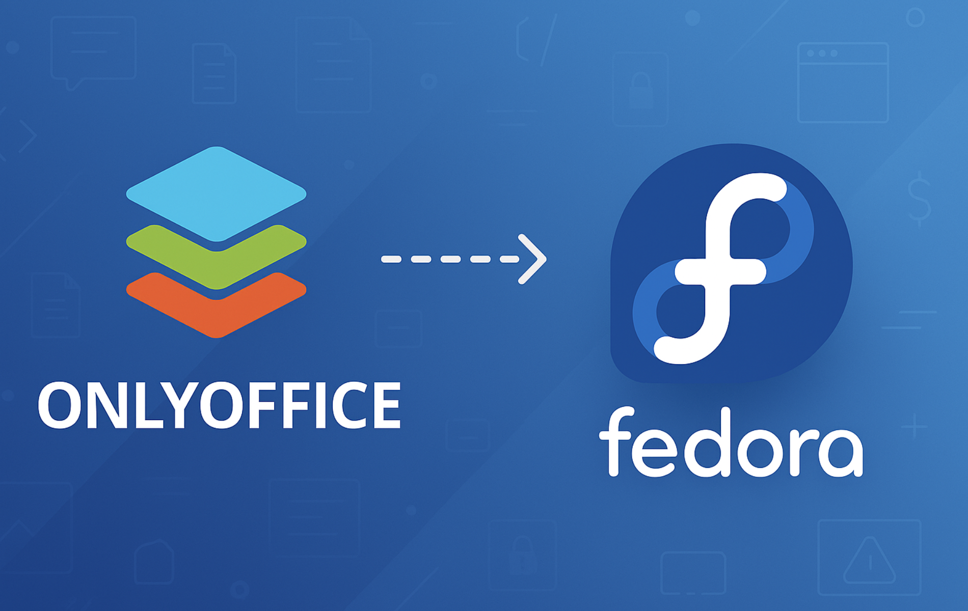 ONLYOFFICE stacked layers logo connected by arrow to Fedora infinity logo on blue background