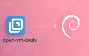 Open-VM Tools logo with blue VMware icon connected by dashed arrow to white Debian spiral on pink background