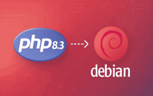 PHP 8.3 logo with arrow pointing to Debian swirl logo on red gradient background