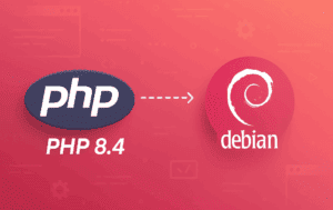 PHP 8.4 and Debian logos with arrow indicating installation process