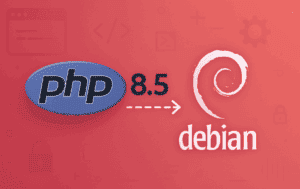 PHP 8.5 logo with version number connected by arrow to Debian swirl logo on coral gradient background