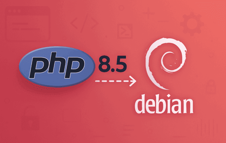 PHP 8.5 logo with version number connected by arrow to Debian swirl logo on coral gradient background