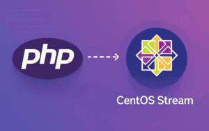 PHP logo with arrow pointing to CentOS Stream logo on purple gradient background