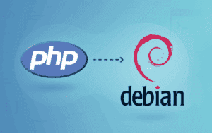 PHP programming language logo with arrow connecting to Debian Linux swirl logo on blue gradient background