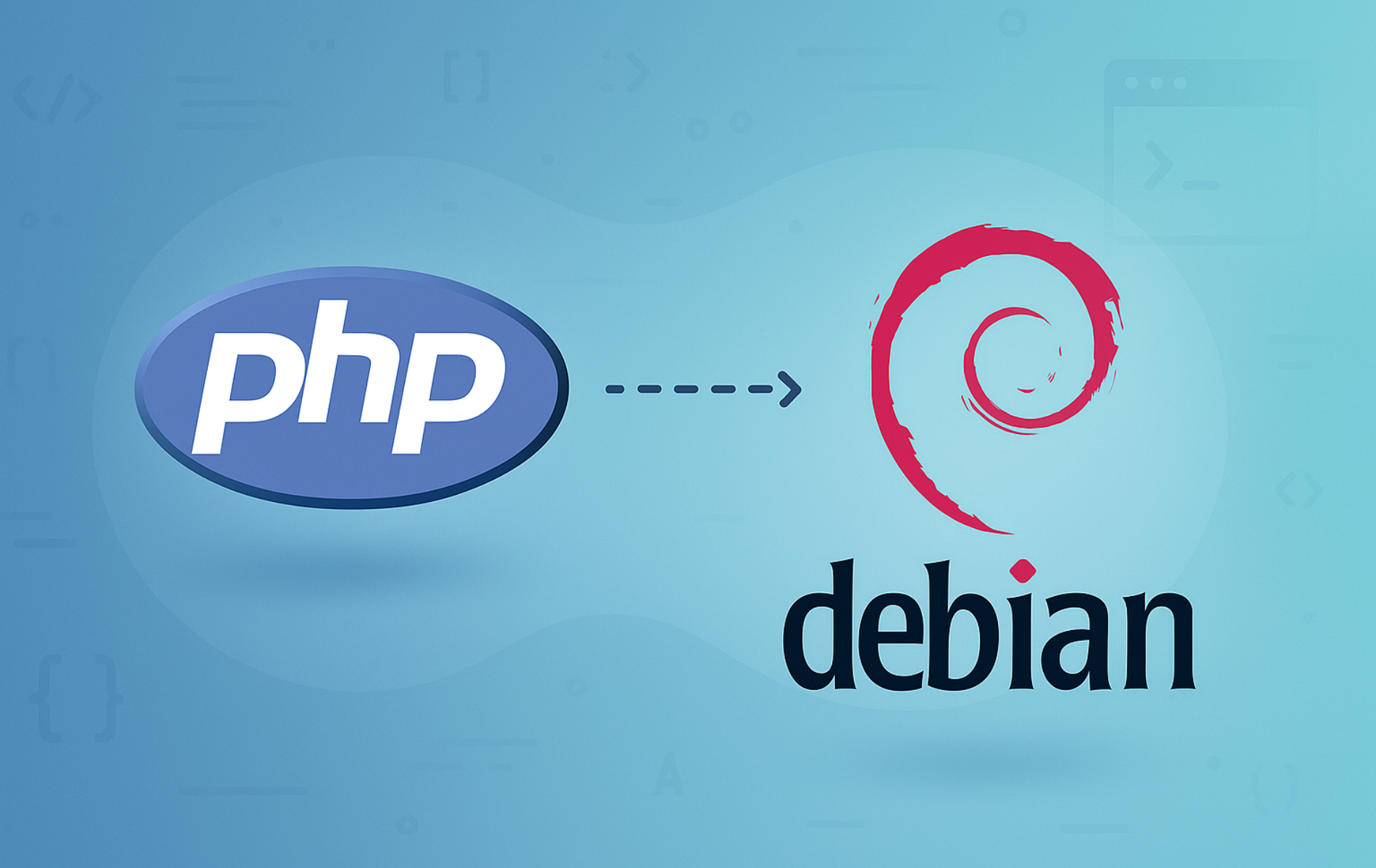 PHP programming language logo with arrow connecting to Debian Linux swirl logo on blue gradient background