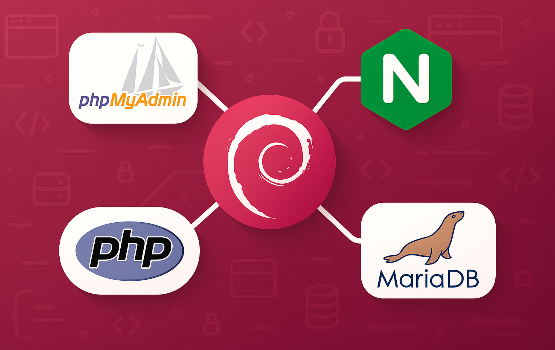 phpMyAdmin, Nginx, PHP, and MariaDB logos connected to Debian logo on burgundy background showing LEMP stack components