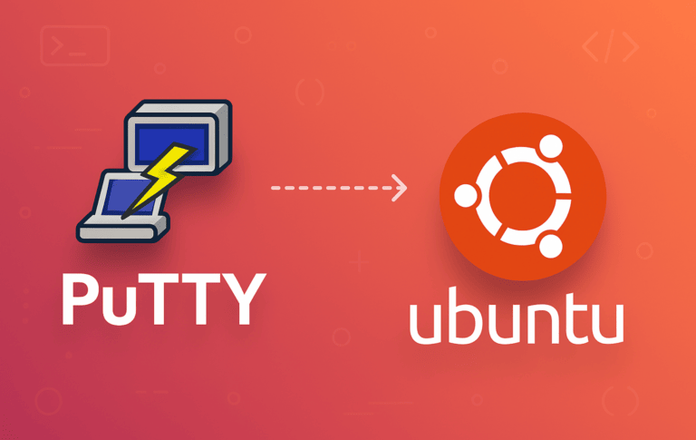 PuTTY terminal icon with lightning bolt connected to Ubuntu orange logo on gradient red-orange background