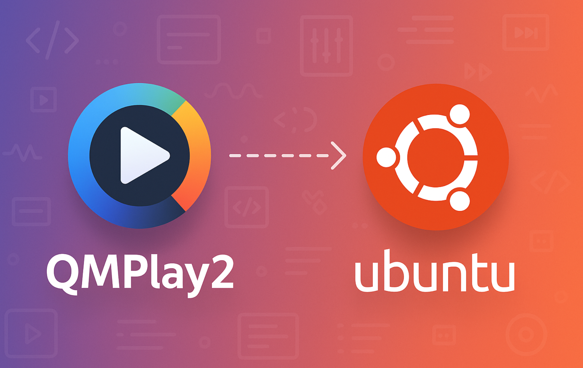 QMPlay2 media player logo with play button connected to Ubuntu logo on purple and orange gradient background
