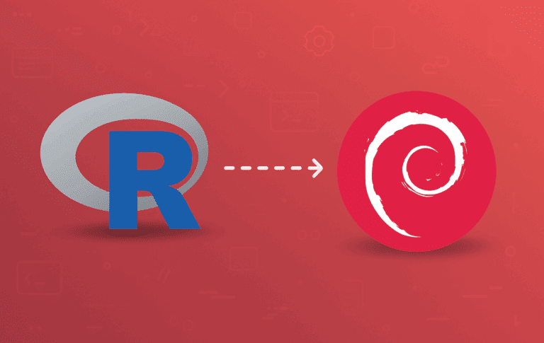 R programming language logo transitioning to Debian logo on red gradient background illustrating installation guide