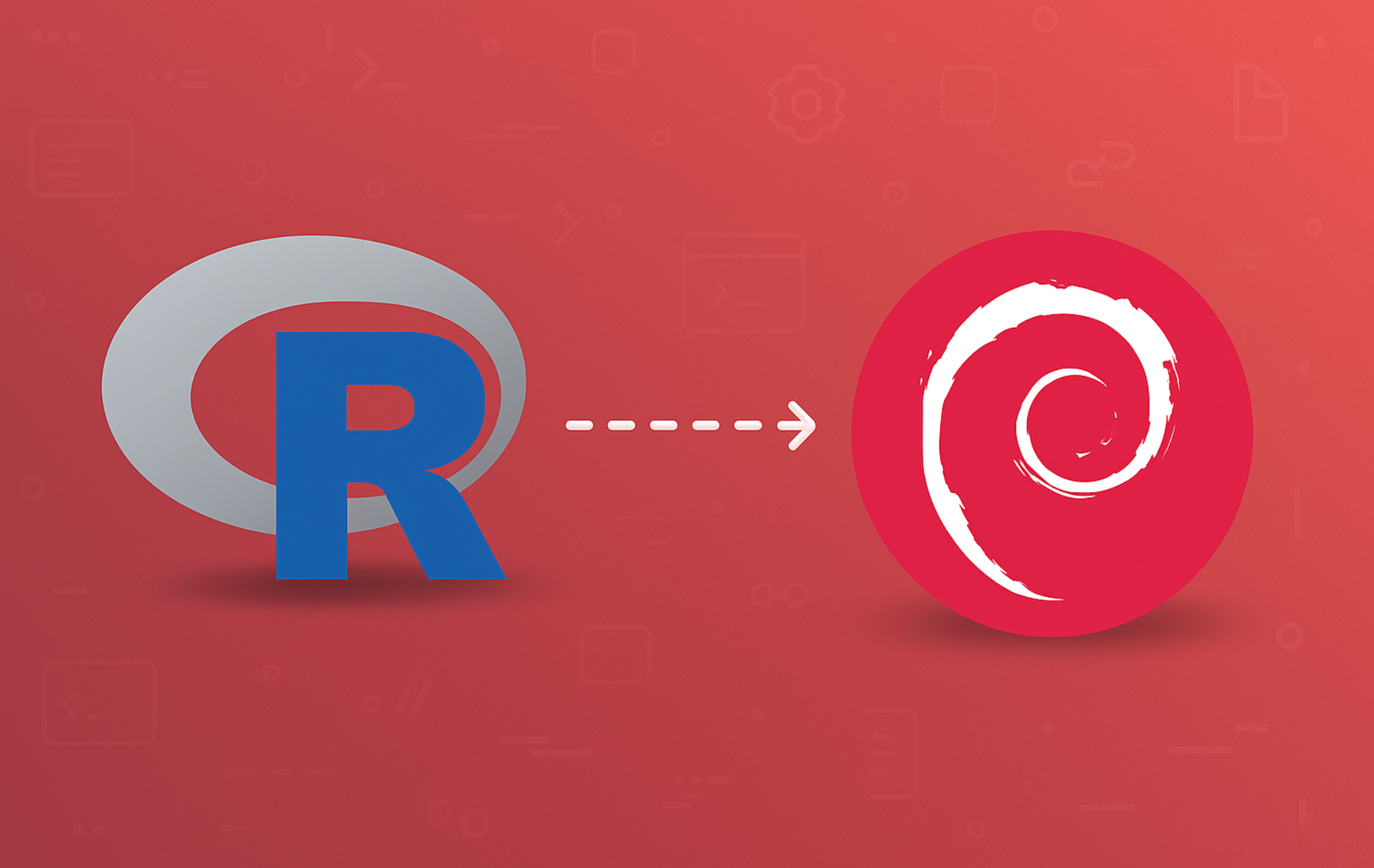 R programming language logo transitioning to Debian logo on red gradient background illustrating installation guide
