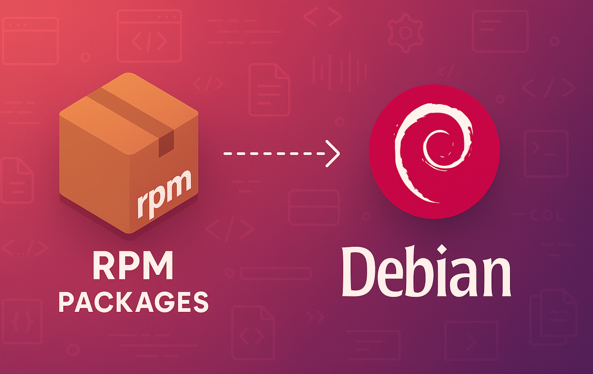 RPM package icon with arrow pointing to Debian logo, illustrating RPM to DEB conversion