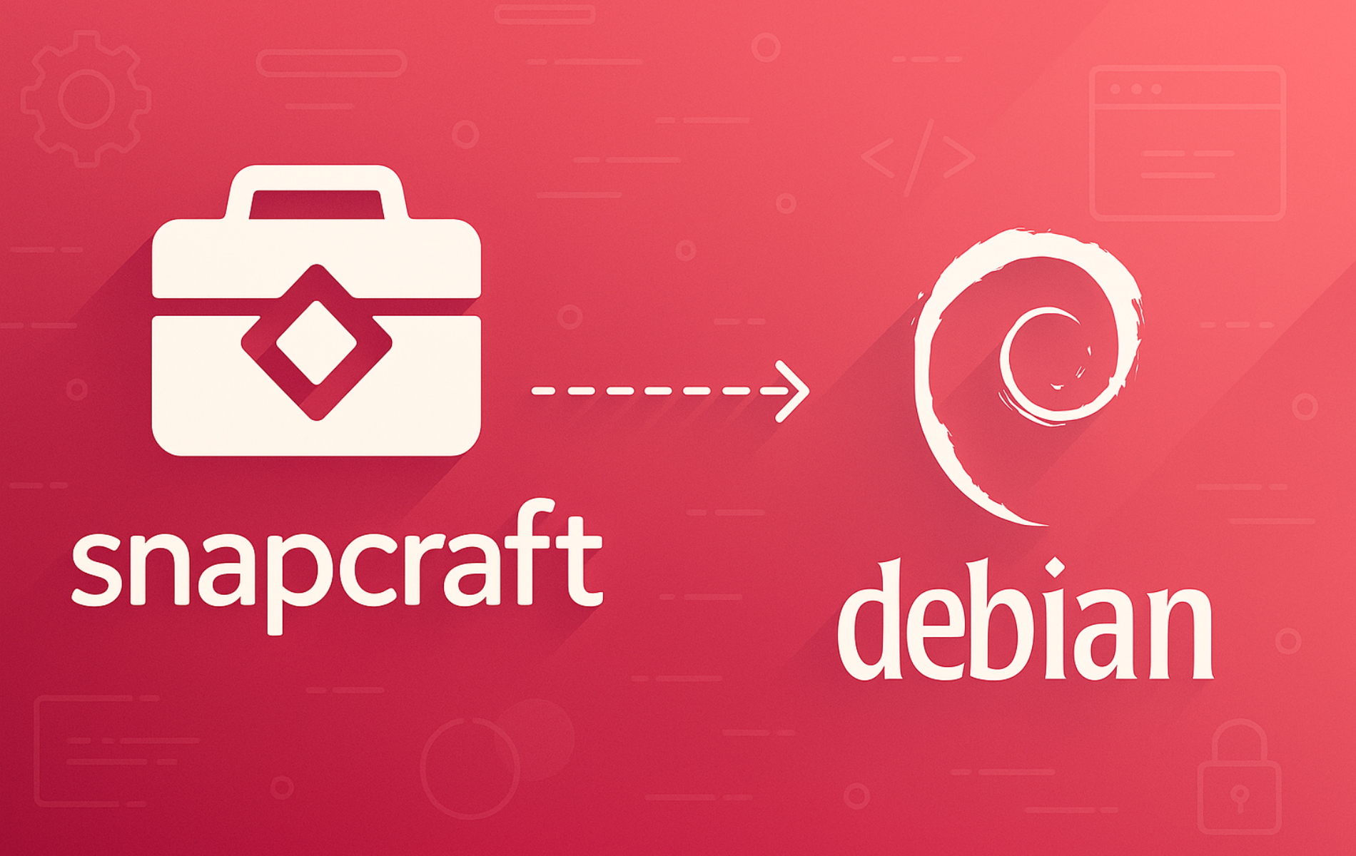 Snapcraft package manager logo with arrow pointing to Debian swirl logo on red gradient background
